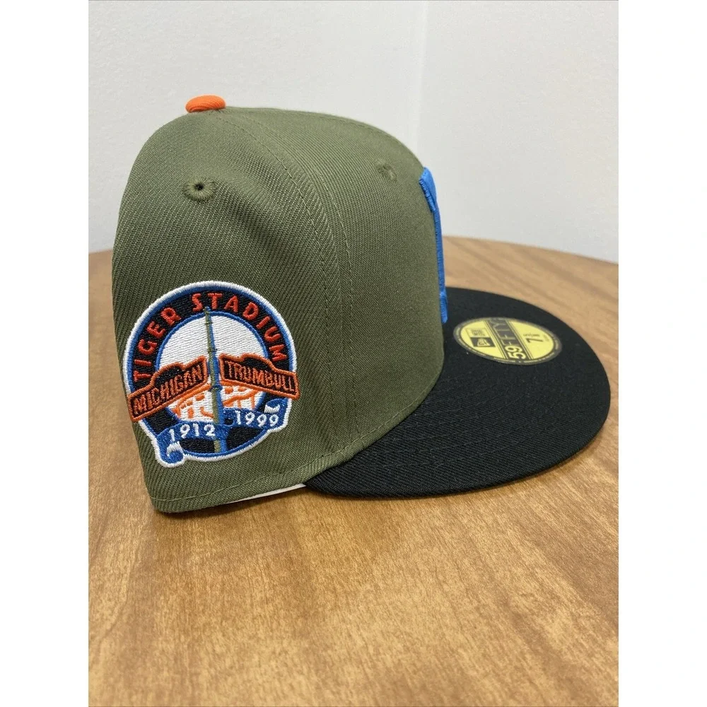 New Era Detroit Tigers 59FIFTY Fitted Hat Cap Tiger Stadium Patch‎ 7 5/8 Olive